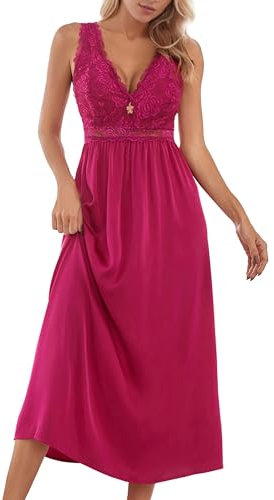 Alcea Rosea Femme Satin Chemise de Nuit Longue Dentelle Nuit Sexy Robe Elégante sans Manches Loisirs S-XXXL (Rose Rouge, XL)