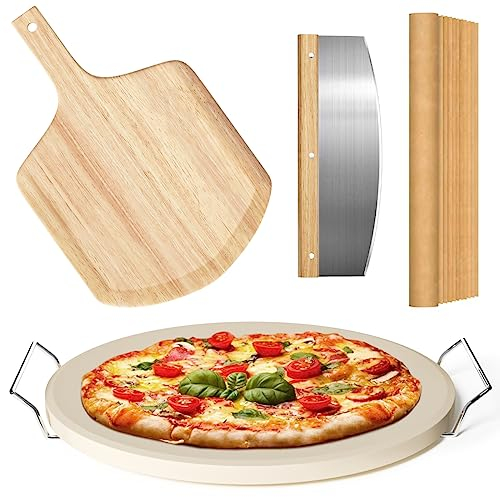 5 PCS Round Pizza Stone Set, 13 Pizza Stone for Oven and Grill with Pizza Peel(OAK),Serving Rack, Pizza Cutter & 10pcs Cooking Paper for Free, Baking Stone for Pizza, Bread