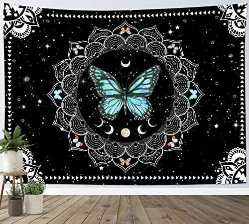 LB Wandteppich Der blaue Schmetterling Wandtuch Mondphase Mandala Blume Wandbehang Schwarz und Weiß Tapisserie für Wohnzimmer Schlafzimmer Wohnheim Wanddeko,200x150cm