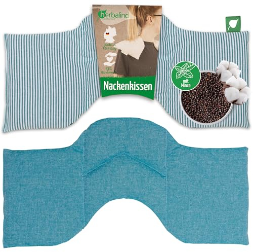 HERBALIND 4-Kammer Wärmekissen Aroma Körnerkissen Minze - 50x25 cm für Nacken Schulter in Streifen/petrol - 100% Baumwolle OEKO TEX Rapssamen- und Minze Füllung Mikrowelle geeignet