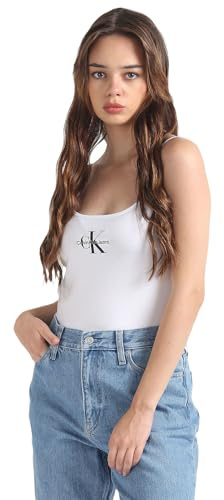 Calvin Klein Damen Tank Top Monologo Strappy Slim Fit, Weiß (Bright White), XS