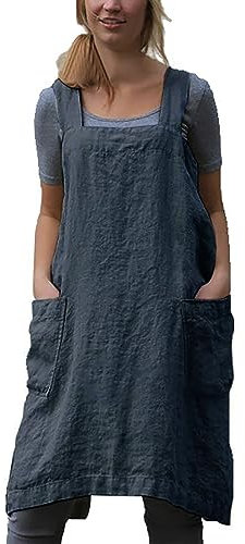 Amlztr Damen Latzschürze mit Kreuzrücken, Schürze mit Taschen, Baumwollleinen, Übergröße