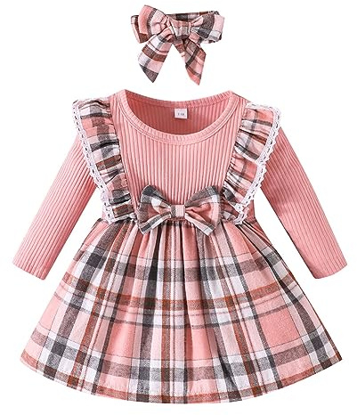 M9ppzzur7 Toddler Baby Girls Dresses Flying Long Sleeve Tutu Dresses Rib Knit Patchwork Plaid Princess Dress with Headband Spring Fall Winter Clothes