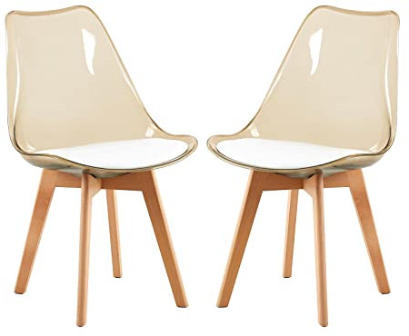 H.J WeDoo 2er Set Braun Transparente Esszimmerstühle im Skandinavischen Stil, 2 Küchenstühle Massive Buchenholzbeine mit Weißem PU Leder Sitzkissen