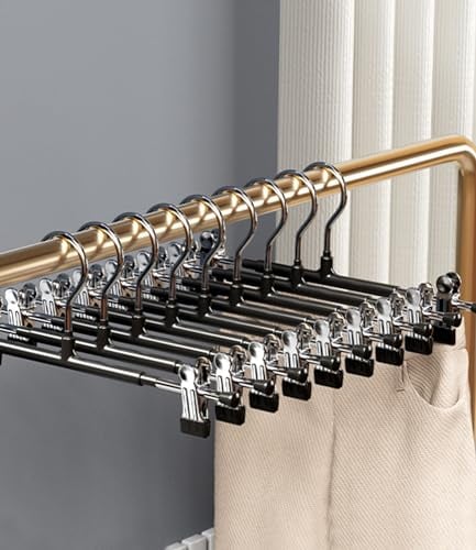 10 Pezzi Grucce Pantaloni, Grucce Antiscivolo con Salvaspazio, Grucce con Pinze Appendiabiti 30cm, Grucce per Pantaloni in Metallo Cromato con Clip Antiscivolo Regolabili 'Clothes Hangers