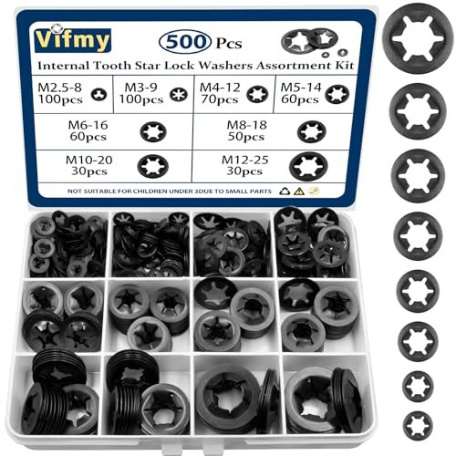 Vifmy 500PCS Internal Tooth Star Lock Washers,m2.5 m3 m4 m5 m6 m8 m10 m12 Quick Speed Locking Washers Assortment Kit,Steel Black Oxide Finish Push on Locking Washer