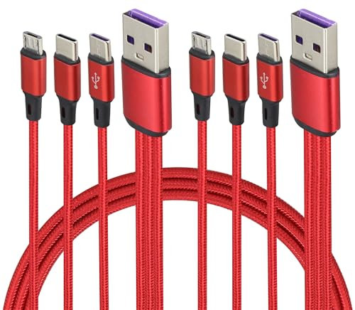 AAOTOKK 2-Pack/4Pied 3 en 1 USB 2.0 à Double Type C+Câble de Charge Micro USB Compatible Avec Téléphones Portables et Tablettes (Rouge-2Type C+1Micron)