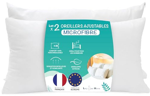 Lazy Bear Home | Oreiller 50x70 Lot de 2, Enveloppe Soyeuse Microfibre, Garnissage Fibre Creuse siliconée, Coussin Ajustable en Hauteur, Marque Française, Fabriqué UE (Microfibre, 50_x_70_cm)