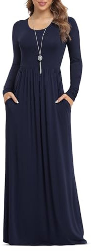 Anelune Dresses for Women Long Sleeve Loose Plain Plus Size Maxi Dresses Casual Long Dresses with Pockets Navy Blue X-Large