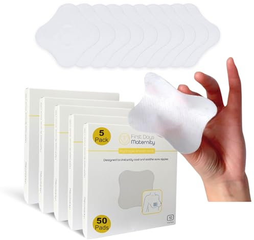First Days Maternity - Hydrogel-Stilleinlagen für wunde Brustwarzen, sofortige Kühlung, geeignet für alle Hauttypen, Stilleinlagen mit weicher Stoffrückseite und 1 mm Dicke (fünf Packungen [50])