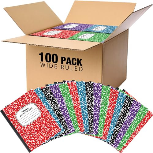 Fulmoon Quaderni di composizione, 24,8 x 19,1 cm, 60 fogli per comp, nero, viola, blu, rosso, verde, quaderni in marmo per scuola, bambini, casa, ufficio (100 pezzi, a righe larghe 11/32 pollici)