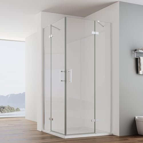 IMPTS Duschkabine Eckeinstieg 75x90cm Duschtür Doppel Falttüren Duschabtrennung eckdusche Duschwand Glas mit 6mm ESG Nano Glas Höhe 195cm