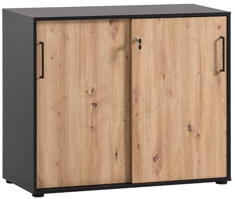 Lomadox Büro Aktenschrank 100cm, schwarz matt mit Eiche, mit 2 Schiebetüren, abschließbar