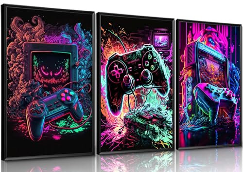 MUWAK Cool Gaming Room Decor Set of 3 - Video Game Watercolor Graffiti Gamepad Canvas Wall Art, Gaming Poster Room Decor for Boys Room Kids Game Room Bedroom 12x16 Inches Unframed