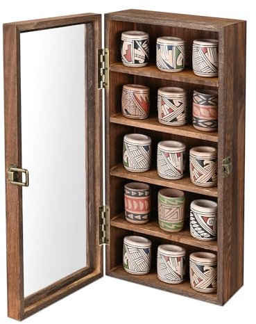 Ikee Design Sammlervitrine aus Holz, zur Wandmontage, 5 Ablagen, Aufbewahrungszubehör mit gehärteter Glastür, Sonnenbrillenschrank, Schattenbox, Braun
