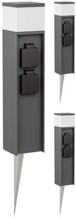ledscom.de 3 Stück Pollerleuchte PODEL mit Erdspieß für außen, 39cm, anthrazit, 2 Steckdosen, inkl. G9 Leuchtmittel, 501lm, warmweiß