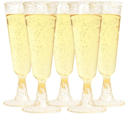 Lyneun Sektgläser Plastik 25 stück, 150ml Sektgläser Kunststoff Mehrweg, Sektglas Kunststoff Mehrweg, Gold Champagner Gläser Plastik für Hochzeiten, Geburtstage, Partys