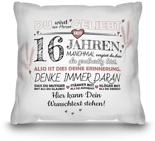 Print Royal PR 16. Geburtstags-Kissen selbst gestalten - Du wirst geliebt - mit Name oder Text Personalisieren, Geschenk für Beste Freundin, Schwester, Tochter | 40 x 40 cm, Polyester glatt