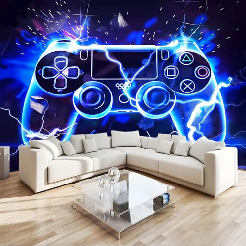 Fototapete Vlies Tapete Gamecontroller Blaue Flammen Graffiti 300x210 cm 3D Effekt Wandbild Vlies Wandtapete Moderne Wohnzimmer Mural Schlafzimmer Kinderzimmer TV Hintergrund Wand Dekora