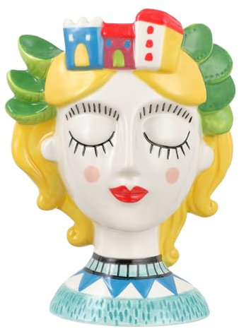 Baroni Home Keramikvase mit einem Gesicht, Modernes handbemaltes Motiv, Pflanzenvase für drinnen oder draußen, Dekorative Vase, 13x12x18 cm (City, Grande)