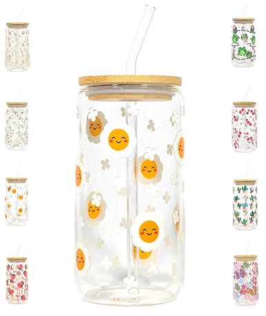 Glas Becher mit Deckel und Strohhalm, 500ml (16oz), Trinkglas mit Bambusdeckel, Eiskaffeglas, Geschenk (Smiley)