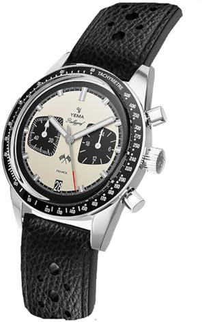 YEMA Rallygraf Panda Stahl Hybrid Mechanisch Quarz Leder Weiß Herrenuhr, Schwarz