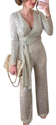 Minetom Damen Jumpsuit Elegant V-Ausschnitt Pailletten Overall Langarm Hochzeit Festlich Party Lang Playsuit Romper mit Gürtel A Silber XS