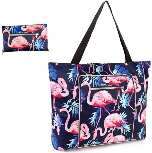 Rayson Faltbare Strandtasche Damen mit Reißverschluss Groß 46x10x43 cm Sommertaschen Badetasche xxl Familie Handtasche Shopper(Blauer Flamingo)