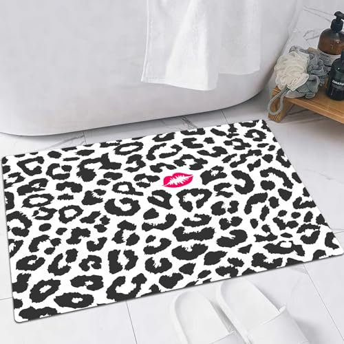 FSDGY Badvorleger Fußmatte Flauschig Teppich Badezimmerteppich Duschmatte für Bade & Wohnzimmer Schlafzimmer,Safari, Leoparden-Geparden-Tierdruck mit Kussform, Lippenstiftmarke, Gepunkteter,40x60 cm