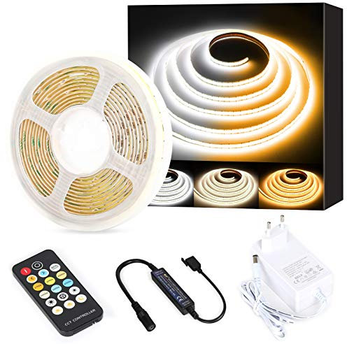 PAUTIX COB LED Striscia Luce 5M CCT Bianco Sintonizzabile 2700K-6500K,Dimmerabile 24V 3200LEDs LED Strip Light Kit,Con Funzione Memoria per Camere da Letto,Armadi e Altre Decorazioni per la casa DIY
