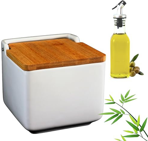 Salero de Cocina Blanco con Base de Cerámica y Tapa de Bambú Basculante, Acompañado de Aceitera Antigoteo de Cristal con Tapón Libre de BPA, Set_Salero y Aceitera + Modernos +Ecológicos