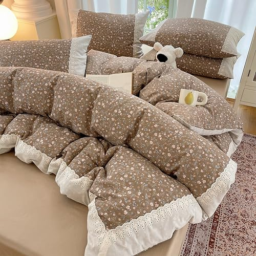 GETIYA Romantisch Blumen Bettwäsche 135x200 Baumwolle Bettbezug Damen Mädchen Beige Vintage Stickerei Spitzenbesatz Bettwäsche Khaki Blumen Bettbezug Einzelbett mit 1 Kissenbezug 80x80