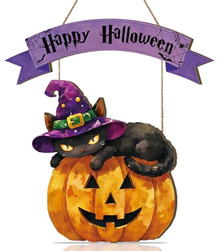 HPNIUB Halloween Katze Kuerbis Happy Halloween Tuerschild Gruselig Deko