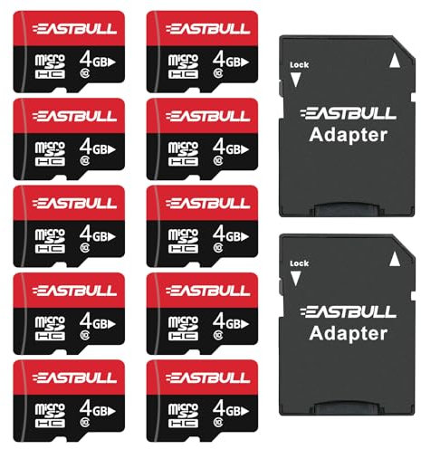 Micro SD 4 GB - Schede di memoria SD EASTBULL da 4 GB, video Full HD 90 MB/s UHS-I U1 Micro SDHC Classe 10 per telecamere di sorveglianza (10 unità e 2 adattatori)