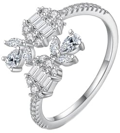 Lirzxin 18 Karat Weißgold Ring Damen 750 Echtgold, Eheringe Für Frauen Verstellbar Offen Blume mit Wassertropfen Moissanit Trauringe Hochzeitsringe Weißgold Große 58 (18.5)