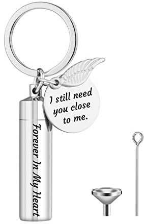 Haiki Vintage Memorial Keyring Stainless Steel Cylinder Cremation Ashes Keychain with Wing Urn Keychain for Human/Pet