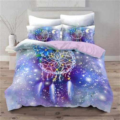 LLSZAHD Traumfänger Bettwäsche 135×200cm, Lila Muster bettwäsche-Sets, Mikrofaser Bettbezug mit Reißverschluss und Kissenbezug 80×80cm