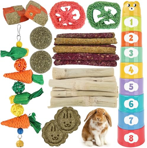 Pethee Lot de 33 jouets à mâcher naturels pour lapins et petits animaux - Gobelets empilables - Jouet pour grincer les dents et tuer l'ennui pour lapins, cochons d'Inde