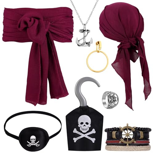 Camptrip 8 Stück Piratenkostüm Damen Herren mit Piraten Kopftuch, Hüfte Tuch, Augenklappe, Ohrringe, Totenkopfring, Ankerkette, Armband & Captain Hook, Pirate Accessories für Karneval Halloween