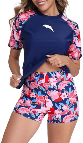 Halcurt Women 2 Piece Rash Guard UPF 50 Bathing Suit with Bottom Short Sleeve Swimsuit Set