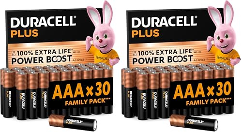 DURACELL Plus Pilas AAA (Paquete de 60) – Pilas alcalinas 1,5 V–hasta un 150% de duración Extra con Activos Power Boost–Fiabilidad para Dispositivos cotidianos–Envase con 0% de plástico–MN2400