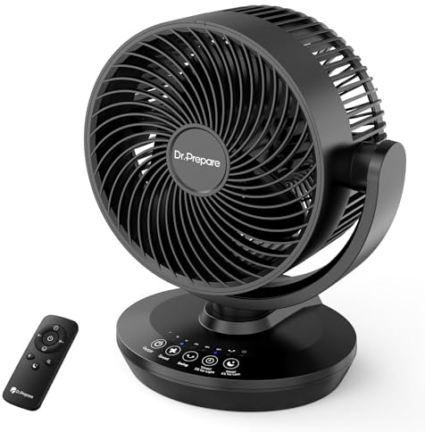 DR.PREPARE Ventilador de Mesa Silencioso 900 CFM Motor DC Brushless Oscilación 70°+100° 3 Velocidades Temporizador 12H Ventilador Silencioso Potente para Dormitorio Oficina Cocina