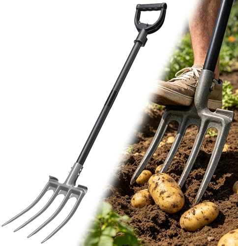 Lcokeiy Pitch Fork, Metal Broadfork Garden Tool Long Handle, 4 Tine Mulch Hay Manure Digging Bedding Hay Potato Garden Fork Shovel for Gardening Loosening Soil Compost