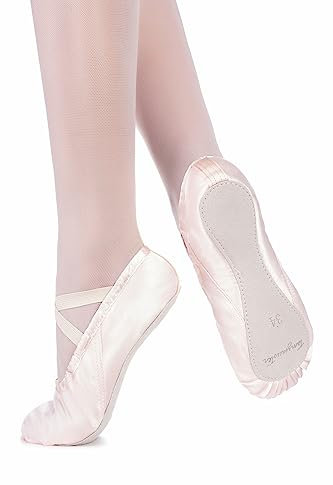 tanzmuster Nicky, Mezze Punte Danza Classica in Raso, Suola Unica in Cuoio, Bambini e Adulti - Rosa, 24