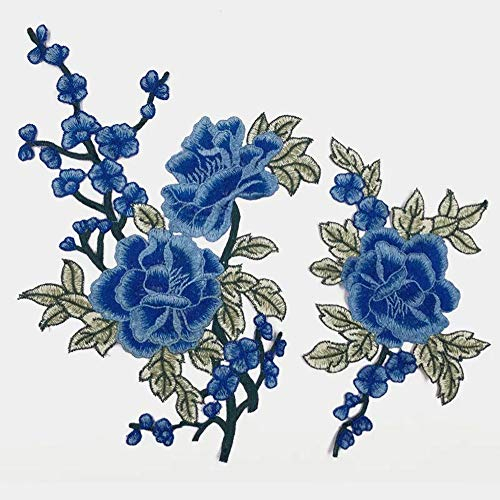 2 x bestickte Aufnäher mit Blume, Rosenaufnäher, Kleidung, DIY, Nähen, Applikation, Zubehör (blau)