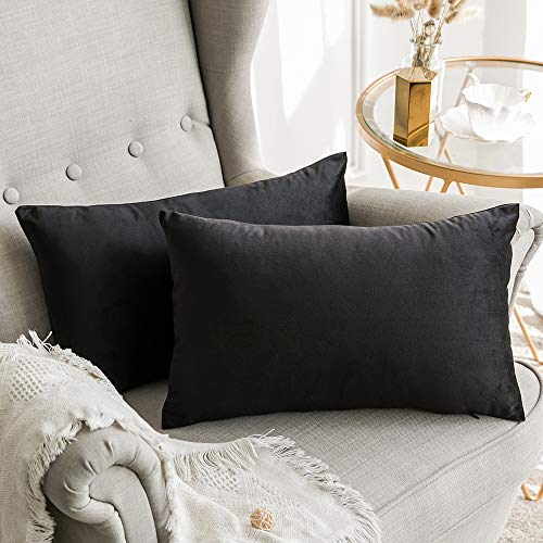 MIULEE 2er Set SAMT Kissenbezug Kissenhülle Dekorative Dekokissen Sofakissen Lendenkissen Wurfkissenbezug mit Verstecktem Reißverschluss Sofa Schlafzimmer Auto 12x 20 Inch 30 x 50 cm Schwarz