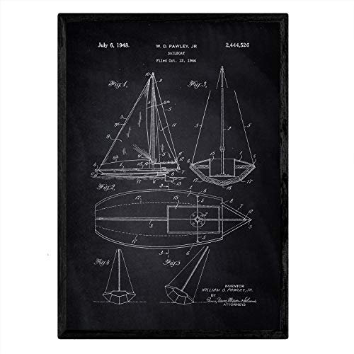 Nacnic Poster mit Patent Segelschiff. Blatt mit altem Design-Patent A3-Format mit schwarzem Hintergrund