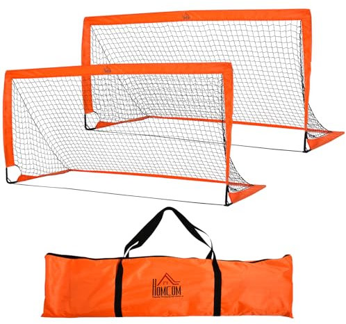 HOMCOM Set of 2 Football Goal Net 6 x 3 ft Foldable Outdoor Sport Training Teens Adults Football with Carrying Bag Orange