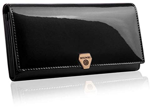 BETLEWSKI - Große Geldbörse für Damen aus Leder RFID Blocker Karten Portemonnaie Geldbeutel Damen mit Zertifikat - Ledergeldbörse mit vielen Kartenfächer und Münzfach Schwarz - 18,5 x 9,5 x 3,5 cm