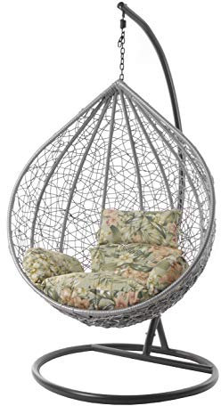 KIDEO Komplettset: großer Hängesessel mit Gestell & Kissen, Korbsessel, Poly-Rattan (Korb: hellgrau & Gestell: grau, Kissen: Blumenmuster Nest (5101_Tropical_Garden))